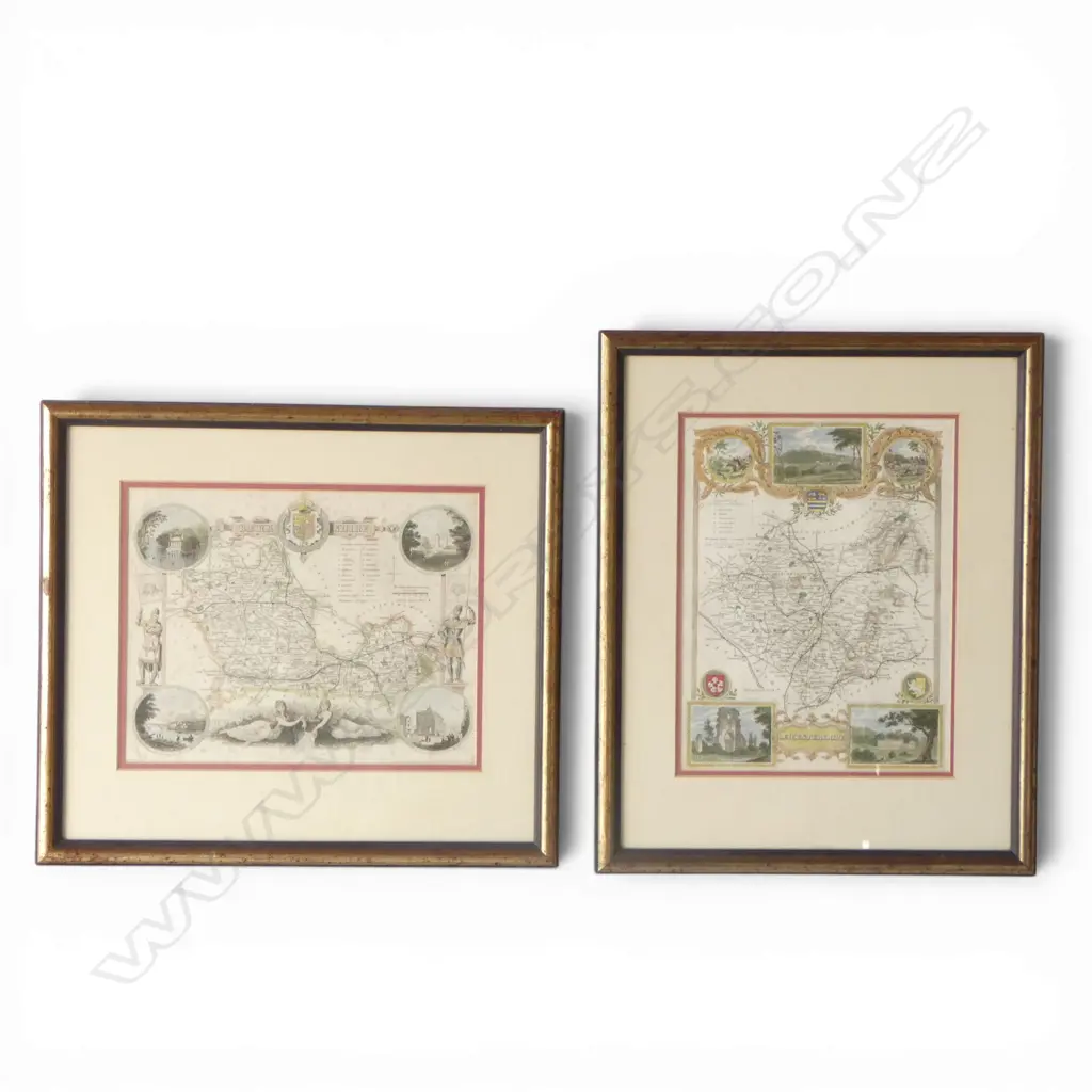 19thC FRAMED ENGLISH MAP steel engraved by Thomas Moule. Berkshire + other LEICESTERSHIRE. Both w decorative vingnettes  Image 1++