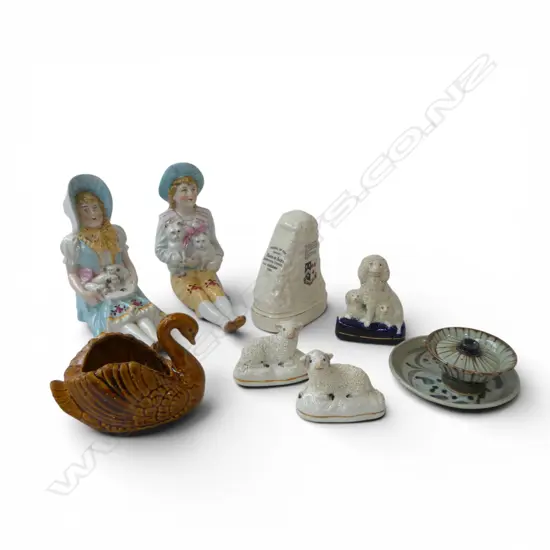 ASST. CHINA INCL. SWAN, PR FIGURES, 3 STAFFORDSHIRE ANIMALS ETC