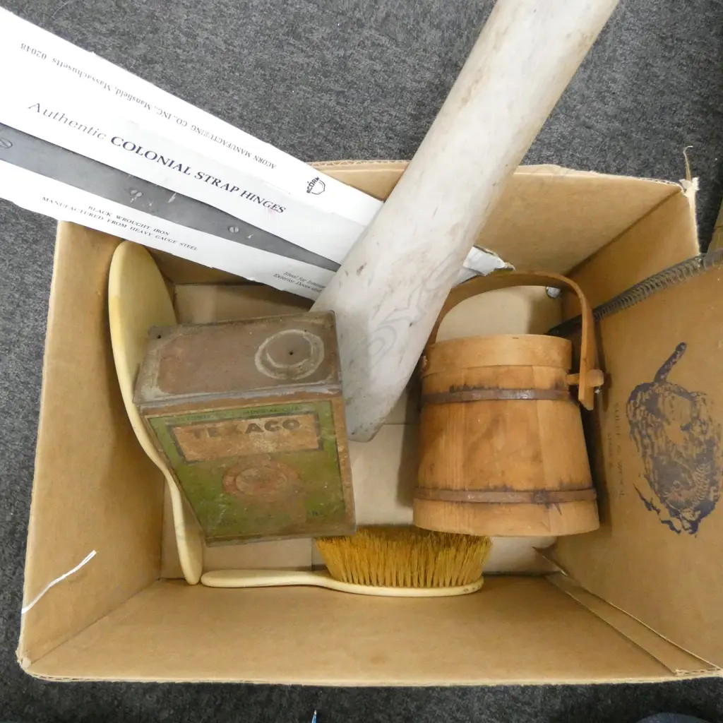 BOX OF OLD WOODEN PESTLE + TEXACO TIN + IVORY brush & mirror + wooden container etc Image 1++