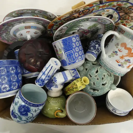 ASST. ORIENTAL PCES; 2 WOODEN STANDS 200mm dia, CERAMICS ETC