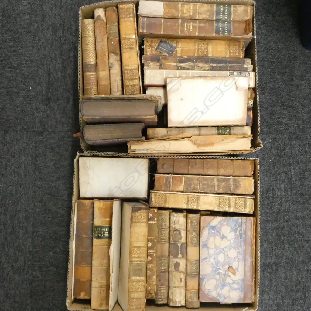 2 BOXES ANTIQUE LEATHER BOUND BOOKS many early 1800's. Some faults Image 1++