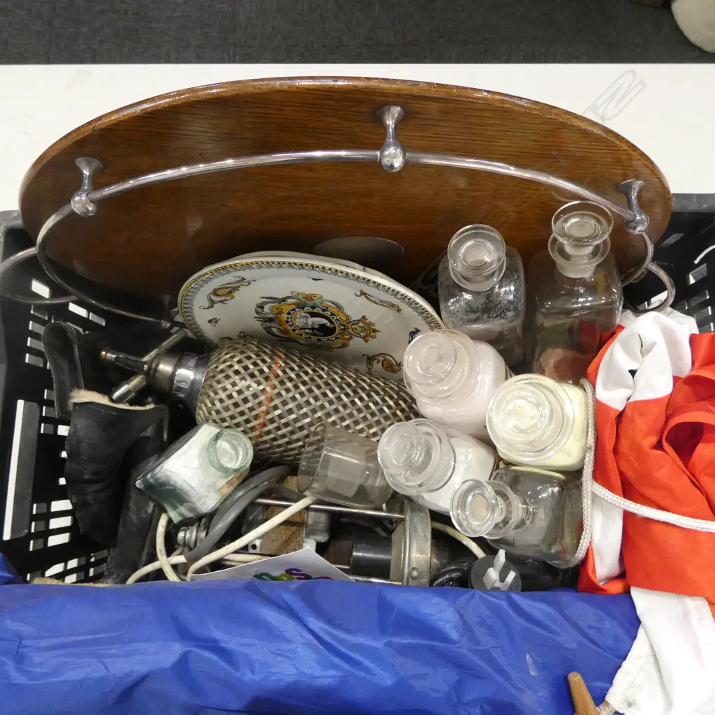 ASST. COLLECTABLES; CHEMIST BOTTLES, TRAY, LAMP, SALE FLAG, SODA SIPHON etc Image 1++