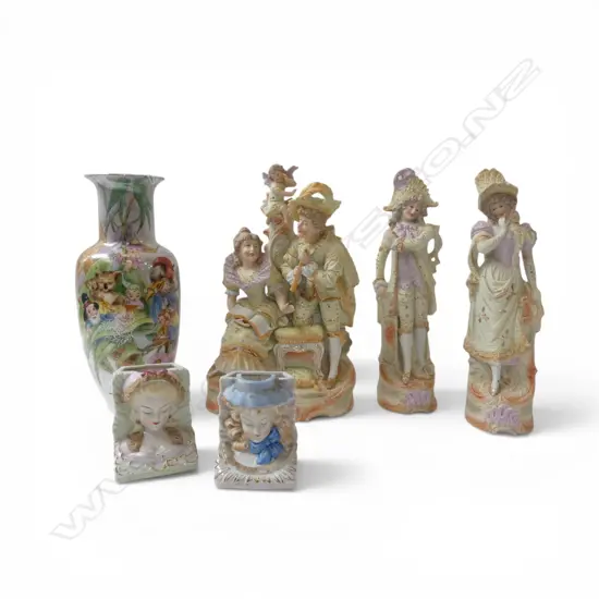 6 PCES; 3 FIGURINES H.325mm AF, PR BOOKEND VASES, HAND PAINTED VASE H.310mm