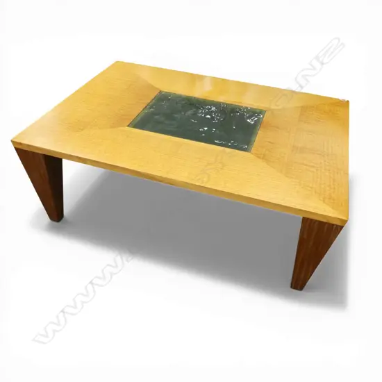 COFFEE TABLE BY TERRY NEALE FURNITURE, TOP FASTIAGATA, LEGS QUARTER SAWN WALNUT 815x1135x410mm
