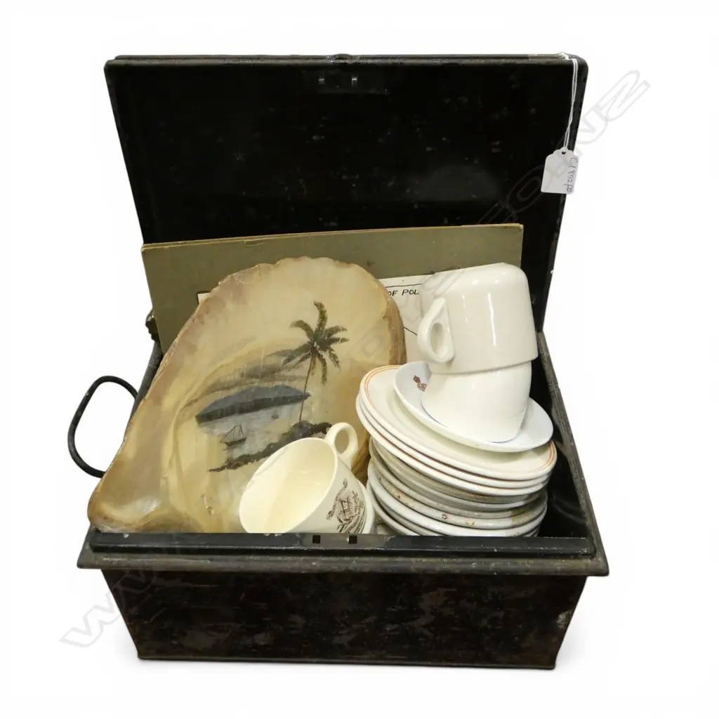 CRESTED HOTEL WARE CHINA, LG MOTHER OF PEARL SHELL, EGYPTIAN SOUVENIRS ALL IN BLACK METAL CASH BOX W.345mm Image 1++