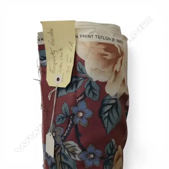 FABRIC BOLT; BURGUNDY COTTON, CHINTZ PATTERN, 35M ROLL