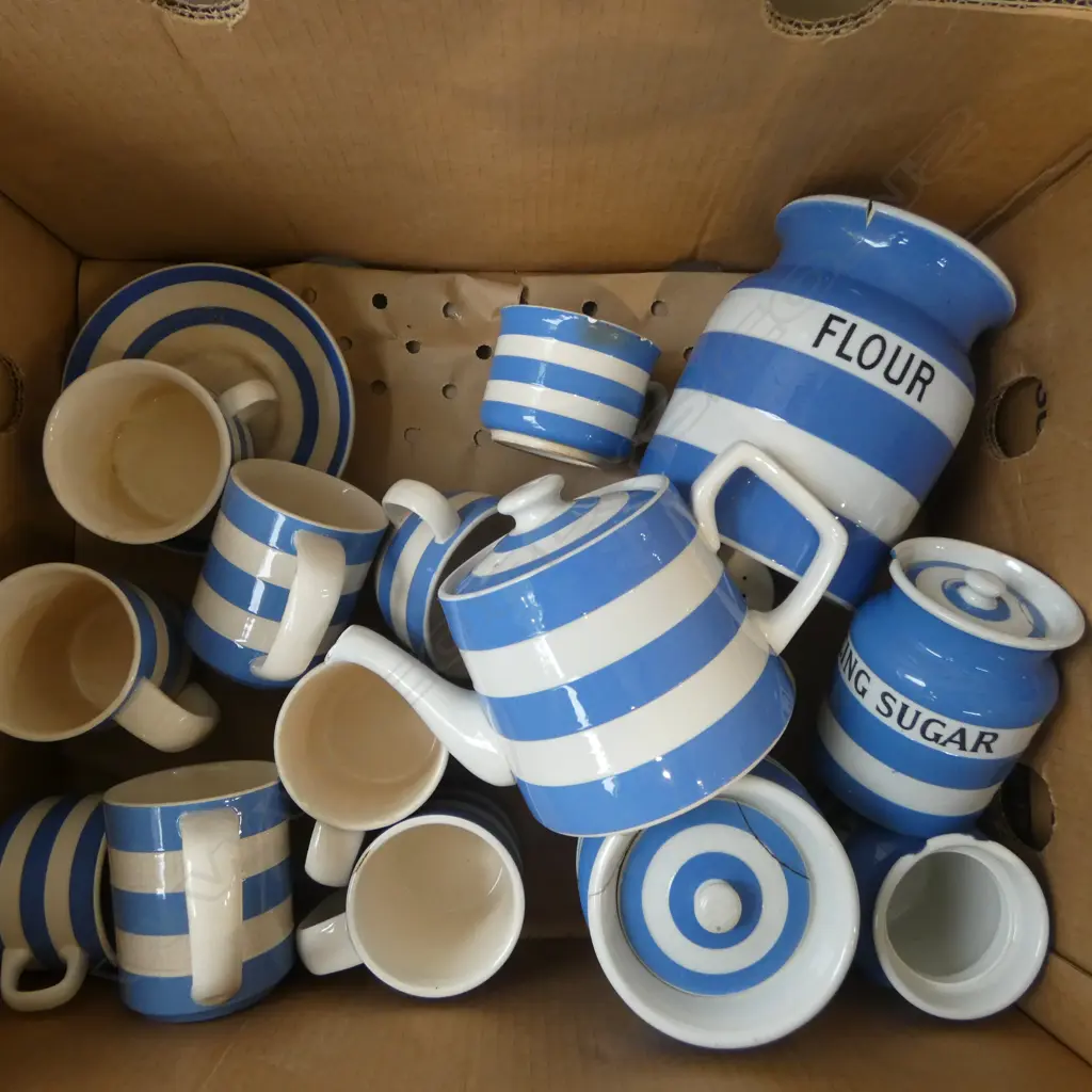 COLLECTION OF CORNISHWARE CHINA LIDDED JARS TEAPOT MUGS SALT PEPPER ETC SOME FAULTS Image 1++