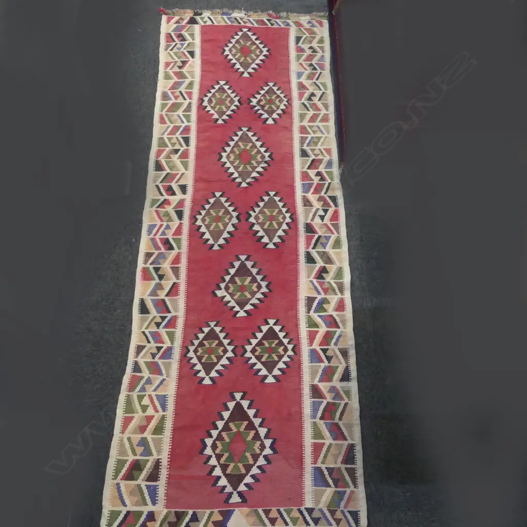 VINTAGE HANDMADE  FLATWEAVE KILIM RUNNER RUG, some wear, 930 x 2800 mm Image 1++