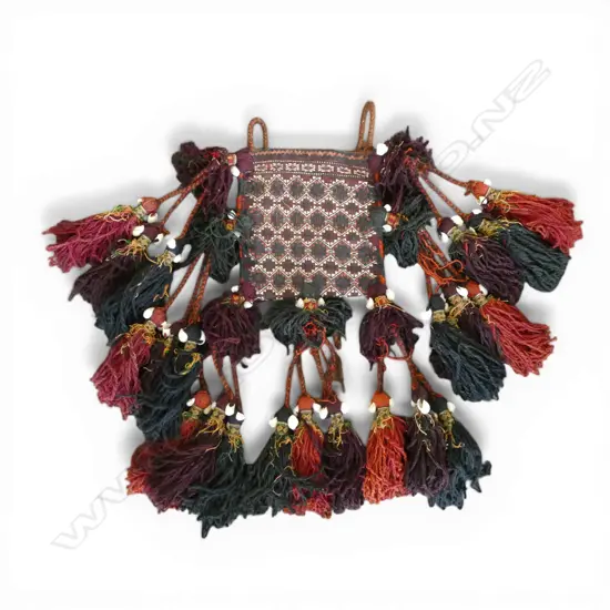 WOVEN WOOL, LEATHER & SHELL TASSLED CAMEL BAG