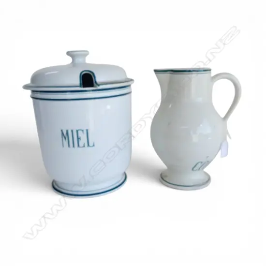 FRENCH LIDDED CONTAINER 'MIEL' H.275mm & JUG 'HUILE COMESTIBLE'