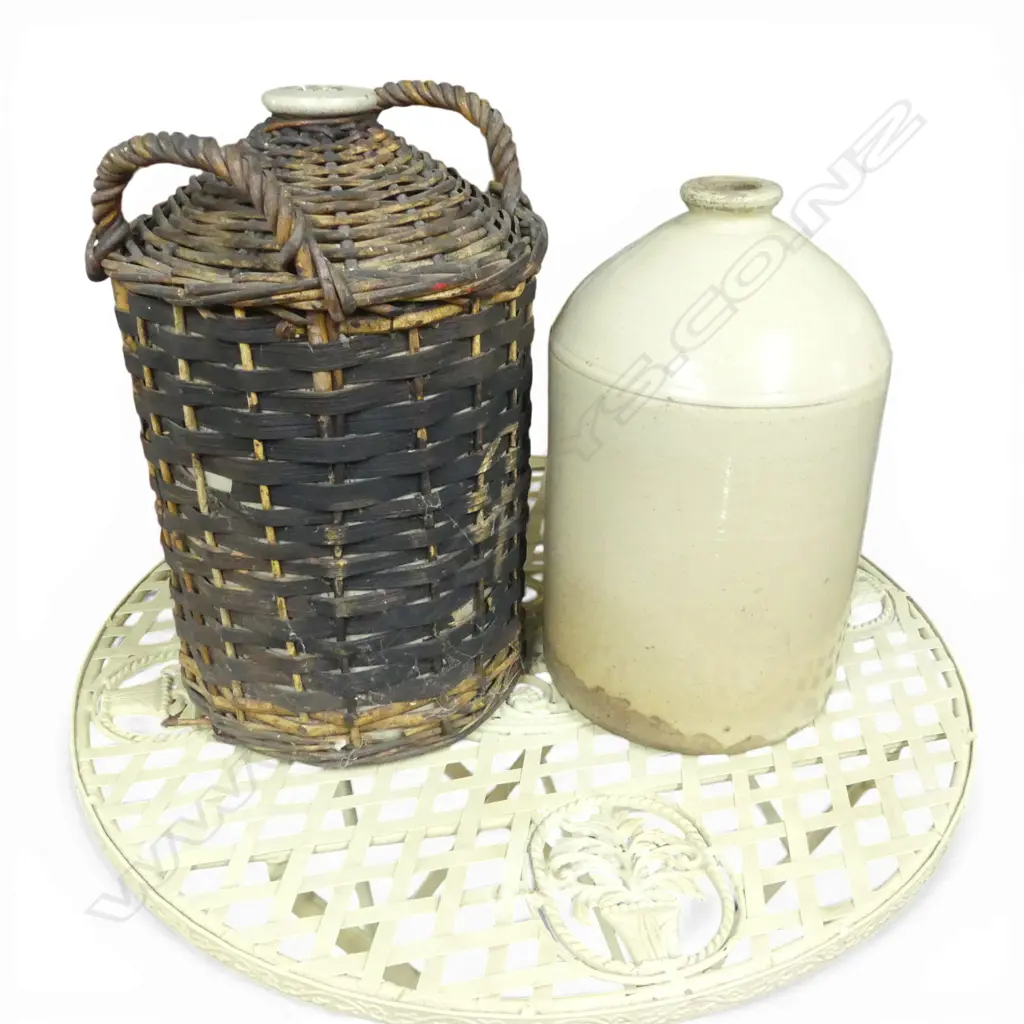 TWO STONEWARE CROCKS ONE IN WICKER SURROUND EX. COOPERS CREEK VINEYARD, H.425mm Image 1++