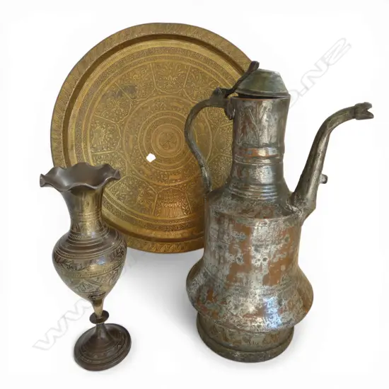 3 METAL PCES; JUG H.365mm, VASE, TRAY 445mm dia