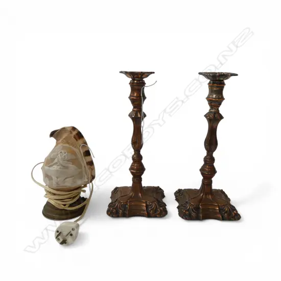 PR WORN SILVER PLATE CANDLESTICKS copper showing through H.295mm + CARVED SHELL TABLE LAMP 