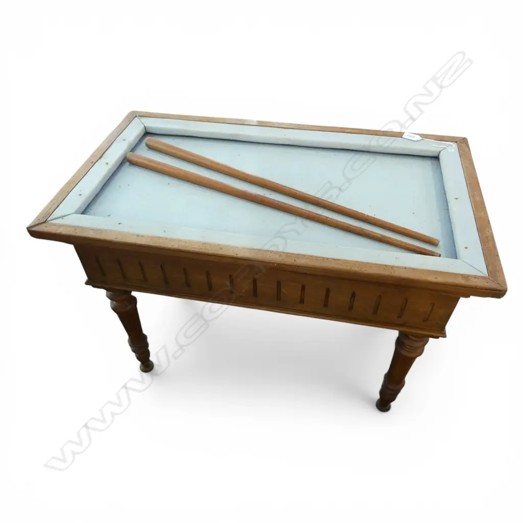 SMALL PROPORTION FRENCH BILLIARD TABLE w. 2 cues, upholstery marked 750x425x545mm Image 1++