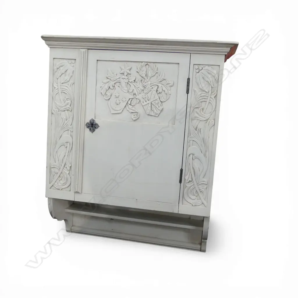 WHITE PAINTED  FRENCH WALL CABINET w. carved panels 770x290x980mm Image 1++