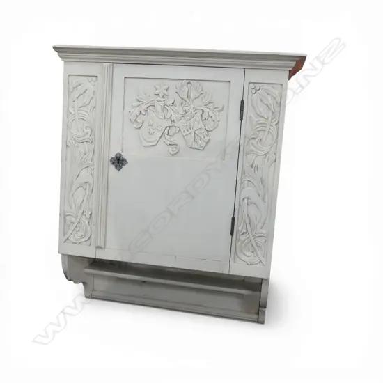WHITE PAINTED  FRENCH WALL CABINET w. carved panels 770x290x980mm
