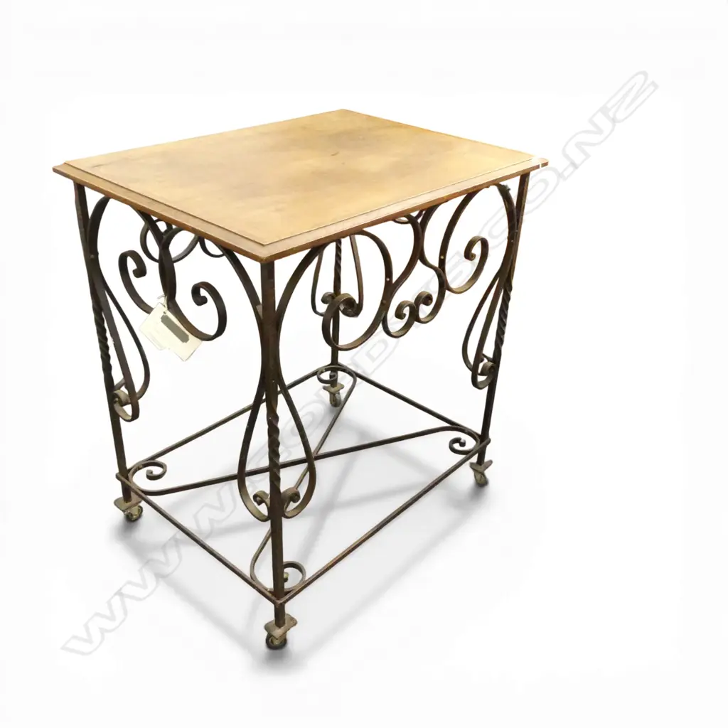 FRENCH 20thC OAK & WROUGHT METAL HALL TABLE on casters 735x560x820mm Image 1++
