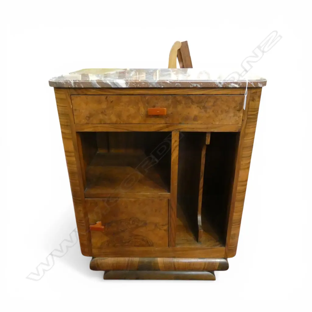 FRENCH ART DECO MARBLE TOP BEDSIDE CABINET bakelite handles 600x370x720mm Image 1++