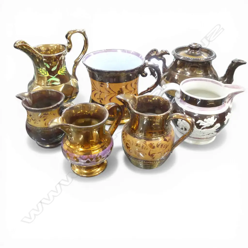 7 PCES LUSTRE WARE; 5 JUGS, TEAPOT & MUG AF Image 1++