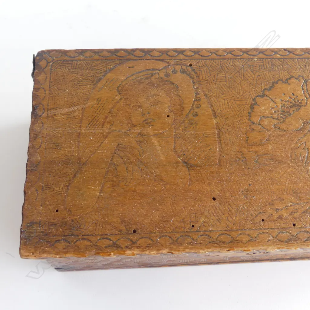 A wooden pokerwork chocolate box made for Segedin's (Auckland) c. 1910-1920, Image 1++