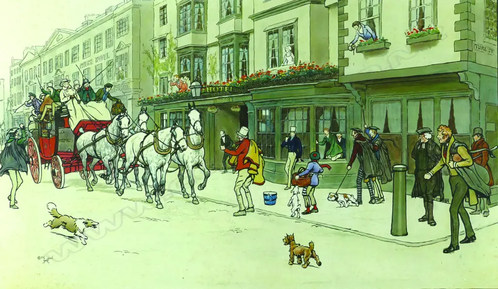 A scarce chromolitho print by Cecil Aldin 'The Oxford Coach Outside the Mitre Hotel' Image 1++