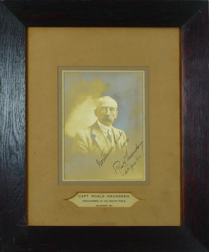 A rare presentation signed portrait photograph of explorer Roald Amundsen by Herman John Schmidt. Signed in ink and dated 30th April 1912 Image 1++