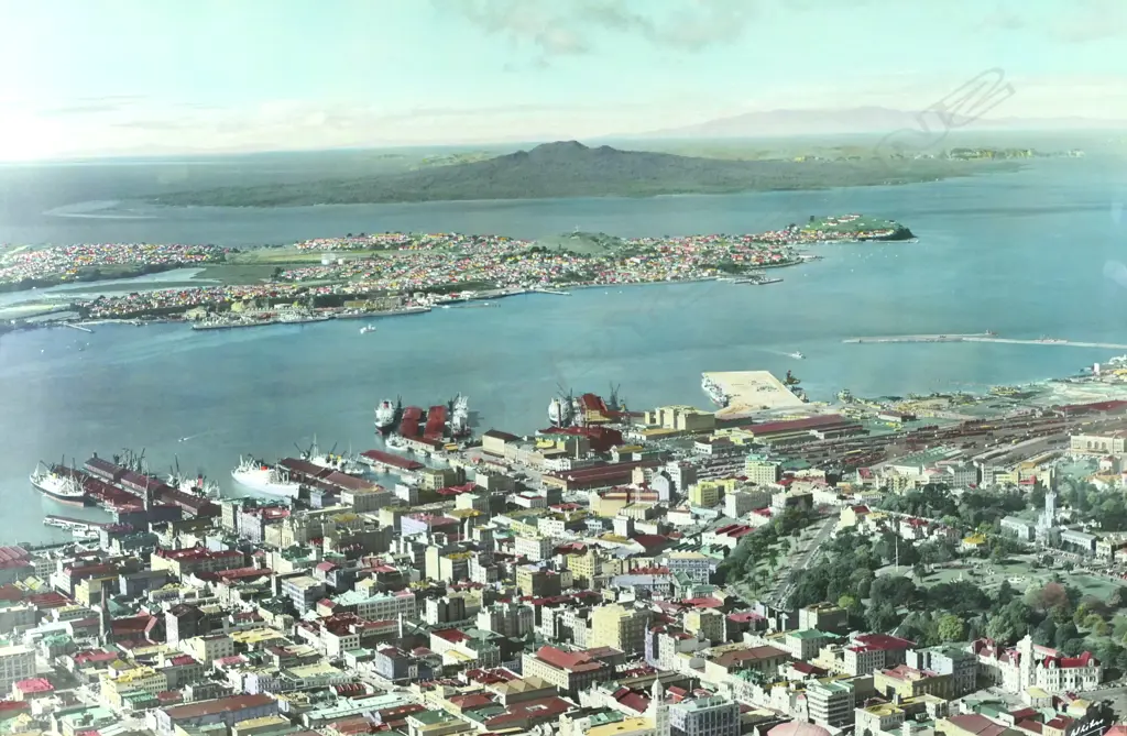 A large format Whites Aviation hand coloured photograph of Auckland Image 1++
