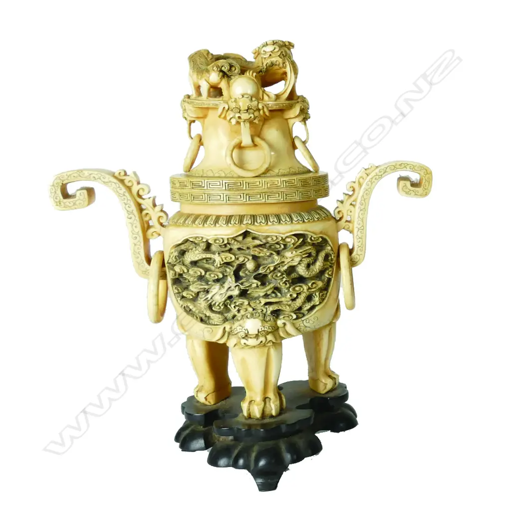 A c.1900 Japanese carved ivory tripod lidded censer Image 1++