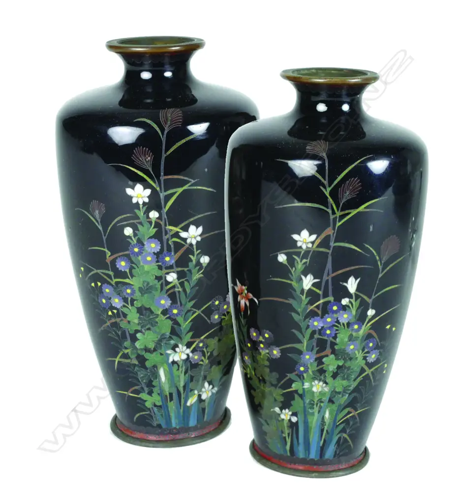 A pair of small good quality Japanese Meiji period Cloissone baluster vases Image 1++