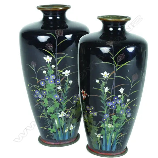 A pair of small good quality Japanese Meiji period Cloissone baluster vases