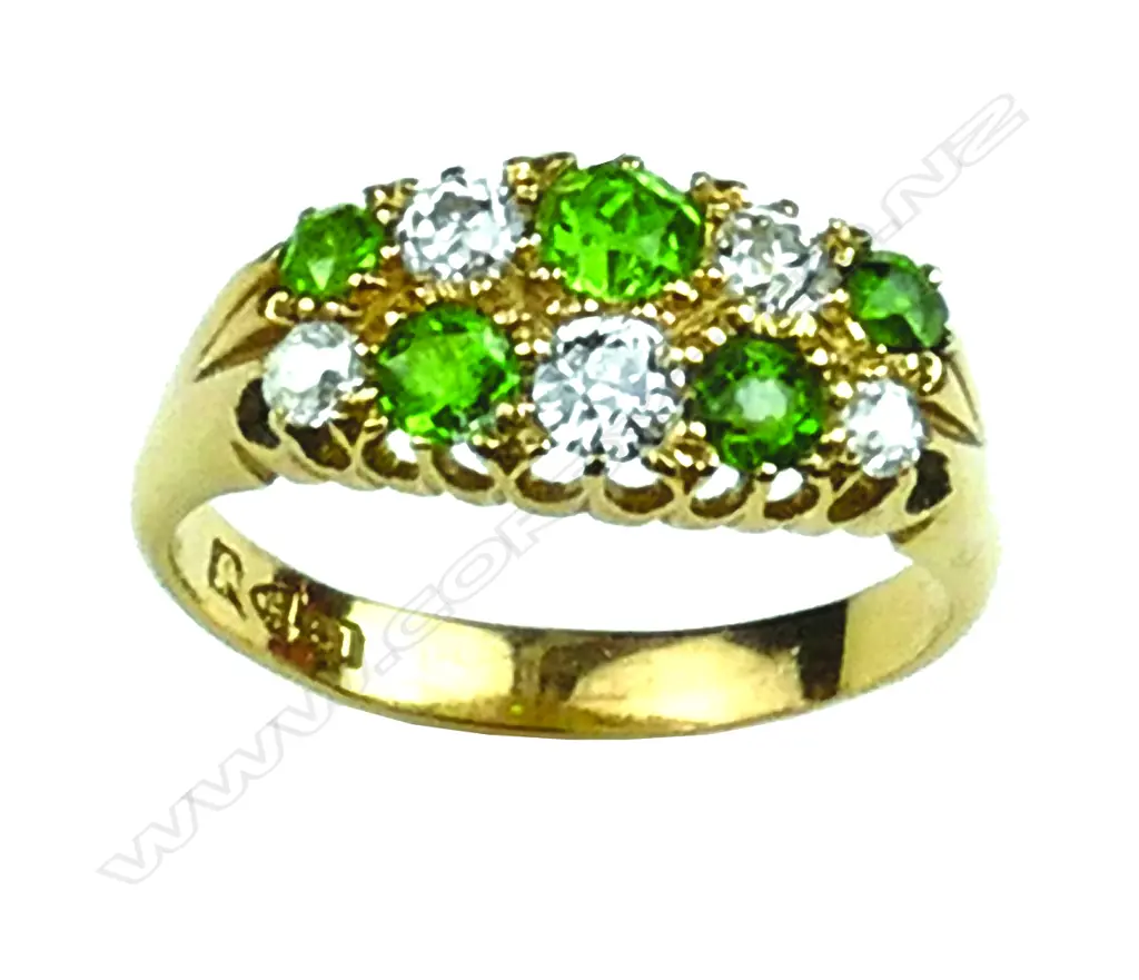 A lady's estate 18ct. yellow gold green garnet and diamond cluster ring Image 1++