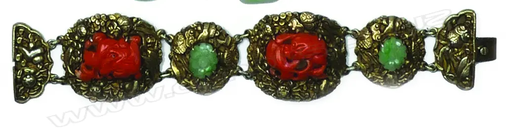 A Chinese silver gilt jade and coral bracelet Image 1++