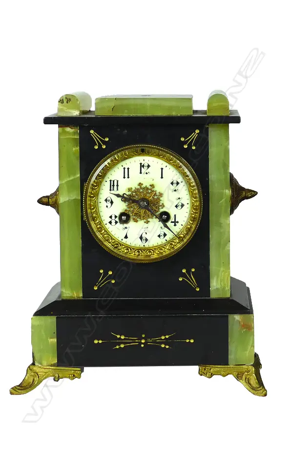 A Victorian black slate and green onyx clock garniture with a pair of five light candelabra Image 1++