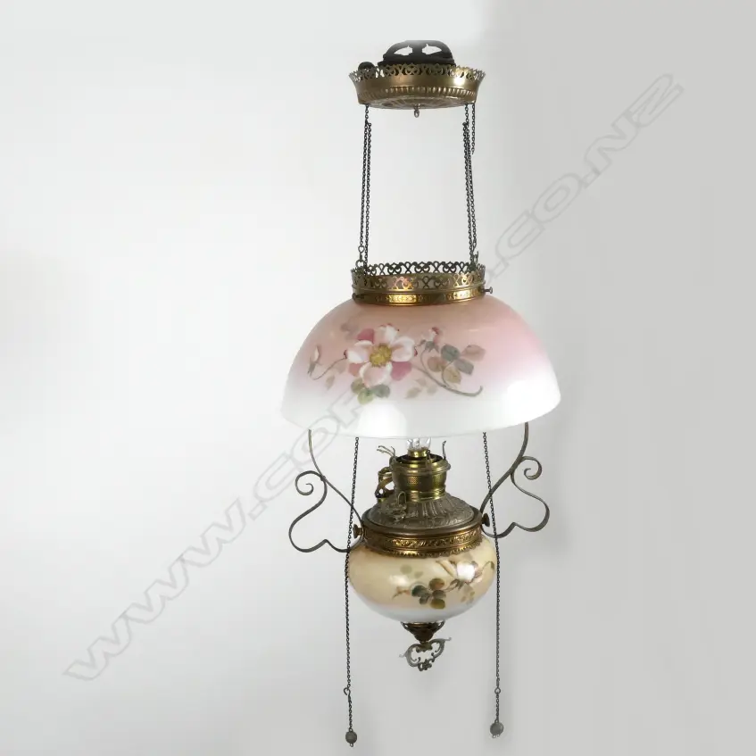 A Victorian glass and brass hanging Miller kerosene lamp Image 1++