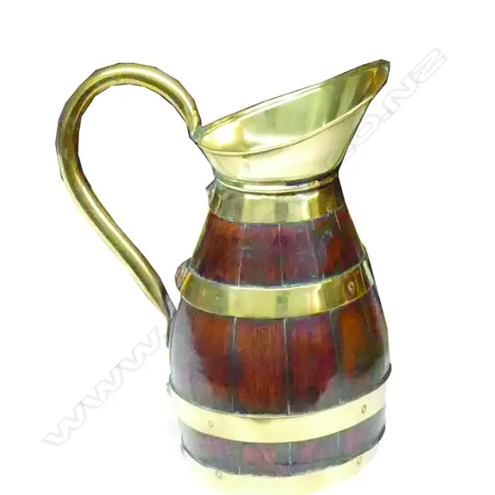 A small late 19thC oak and brass cider jug