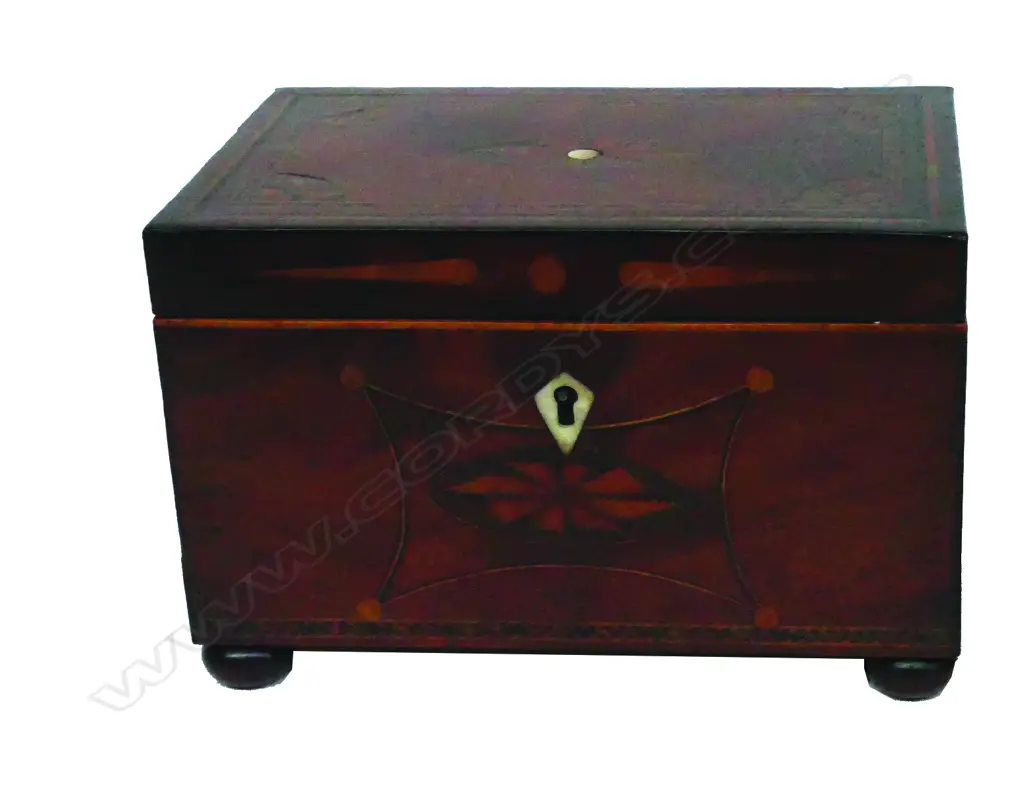 A Geo. III flame mahogany inlaid tea caddy Image 1++
