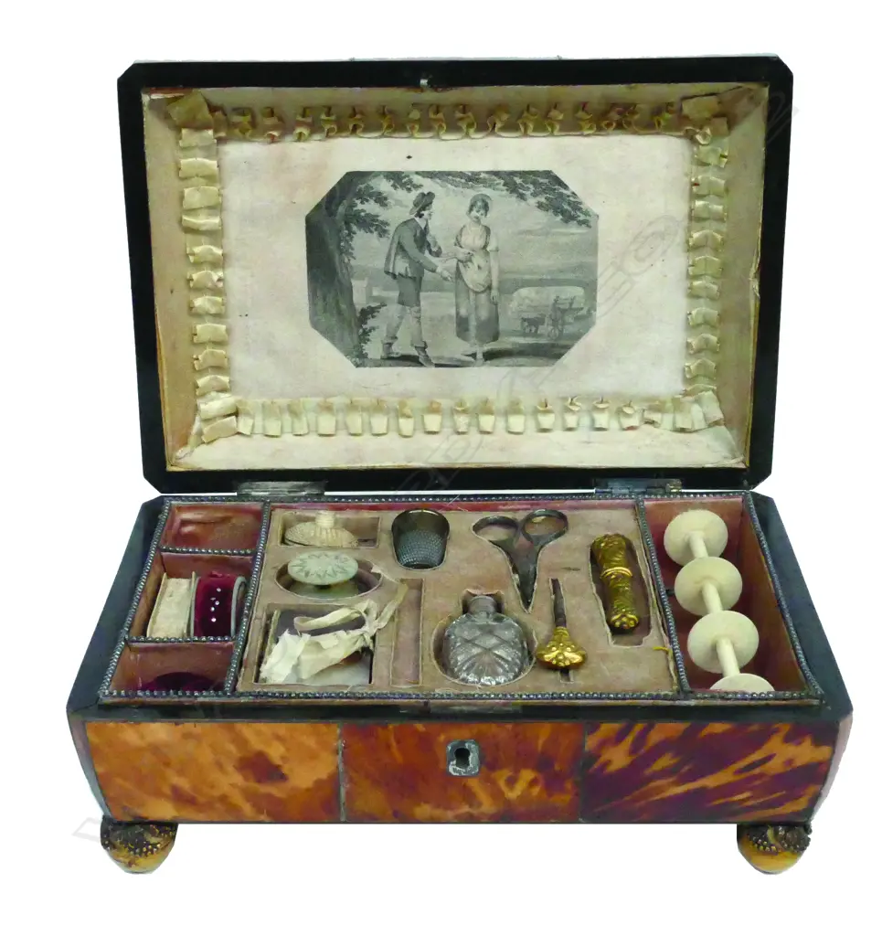 A rare Geo.III quality tortoiseshell fitted sewing box Image 1++