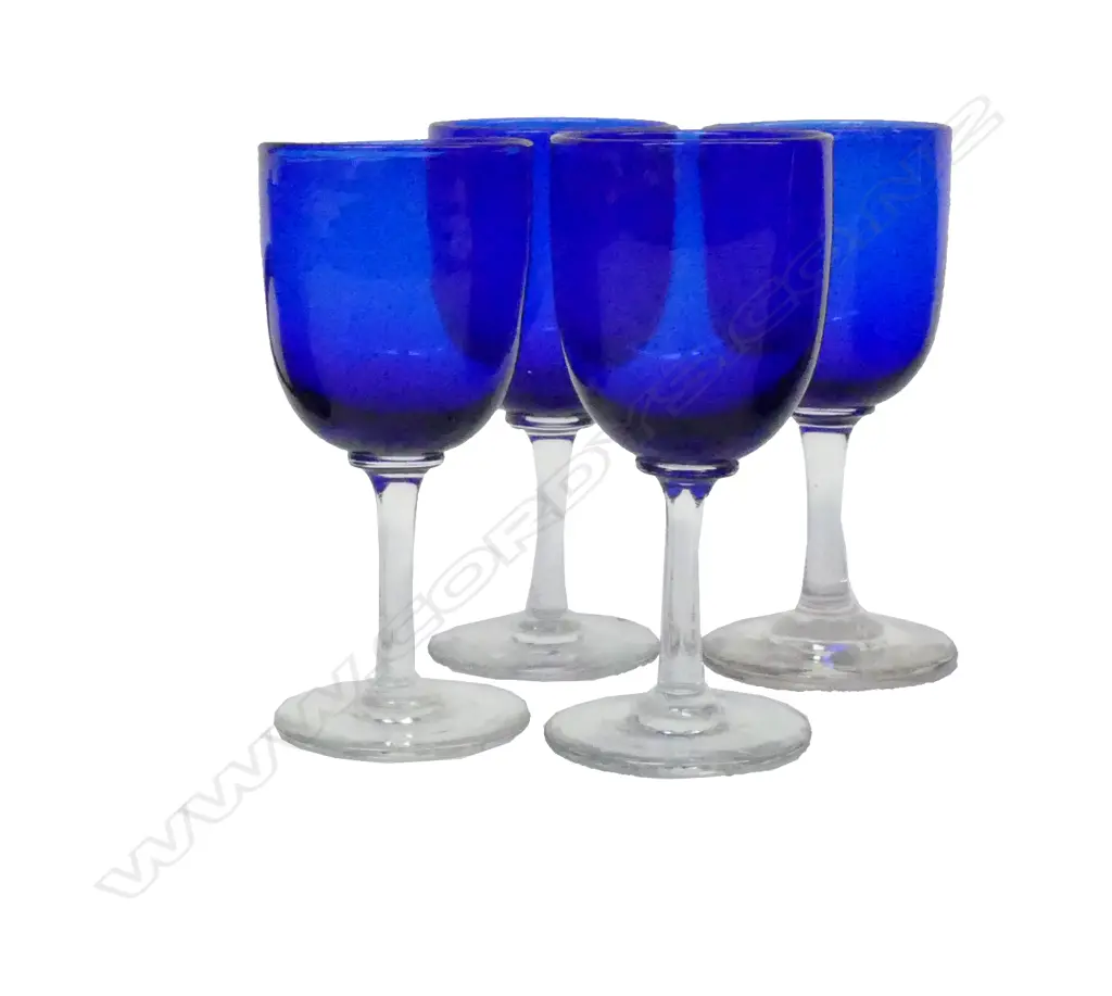 Four Victorian Bristol blue bold wine glasses Image 1++