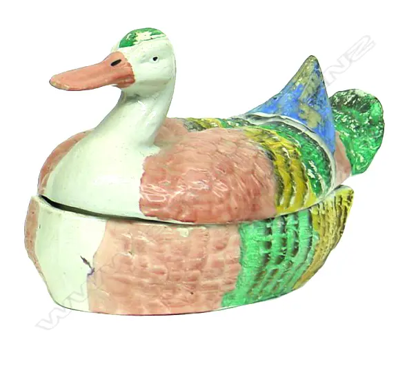 A 19thC Earthenware glazed lidded duck-form bowl Image 1++