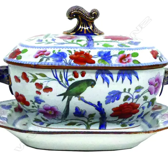 A Victorian 'Stone China' highly decorative soup tureen on stand
