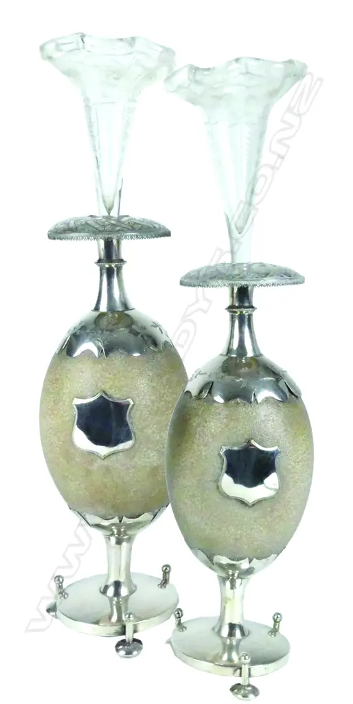 A pair of rare Australian 19thC silver and emu egg table epergnes Image 1++