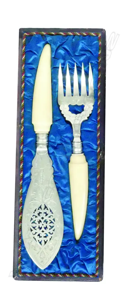 A cased pair of late 19thC fish servers with ivory handles Image 1++