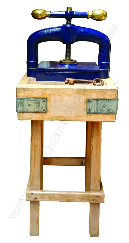 An Edwardian blue painted steel and brass book press Image 1++
