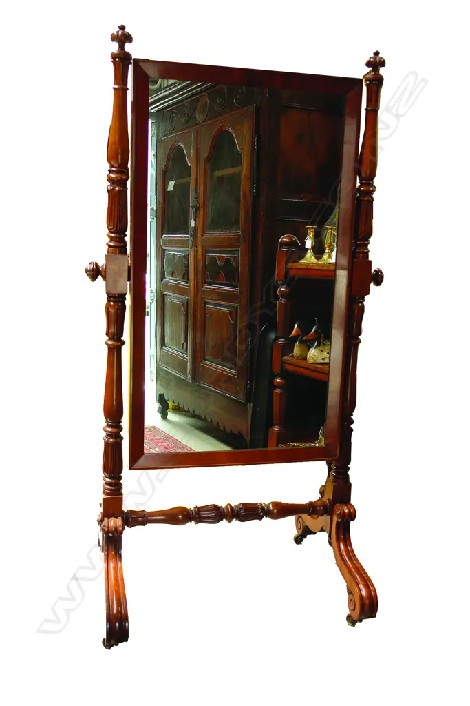A Regency mahogany floor-standing cheval full length dressing mirror on stand Image 1++