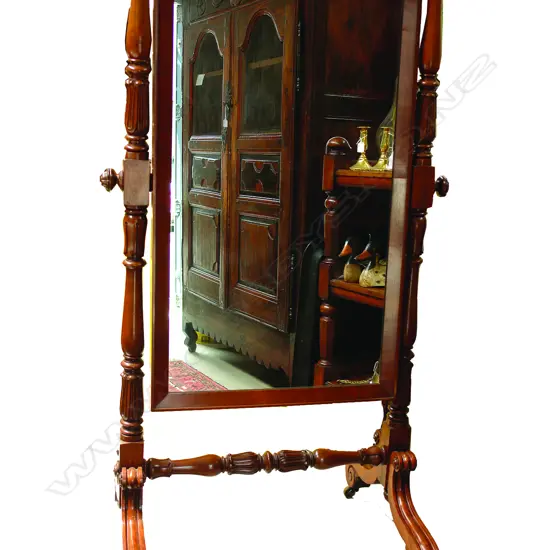 A Regency mahogany floor-standing cheval full length dressing mirror on stand