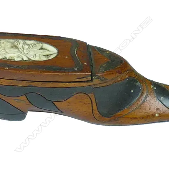 A 19thC Scottish treen shoe form snuff box