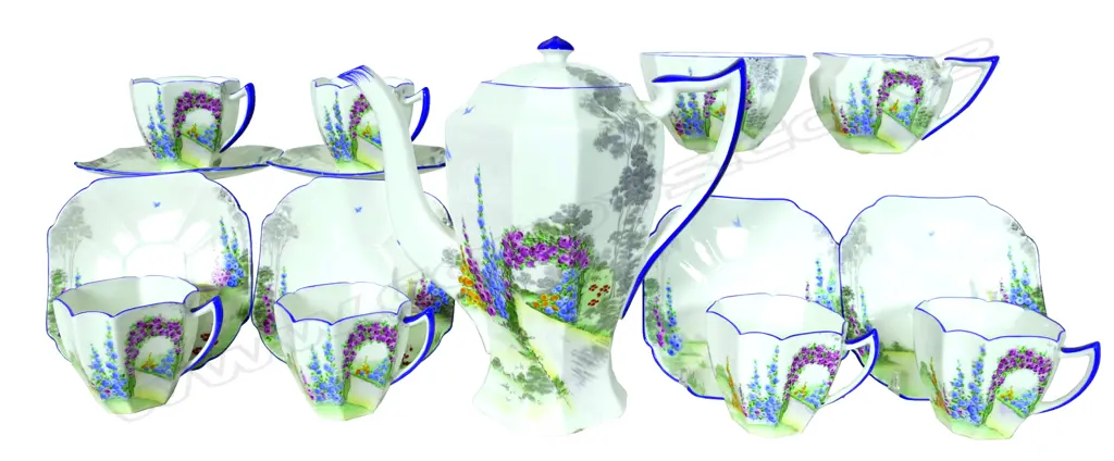 A Shelley china demitasse coffee set 'Archway of Roses' pattern No. 11606 Image 1++