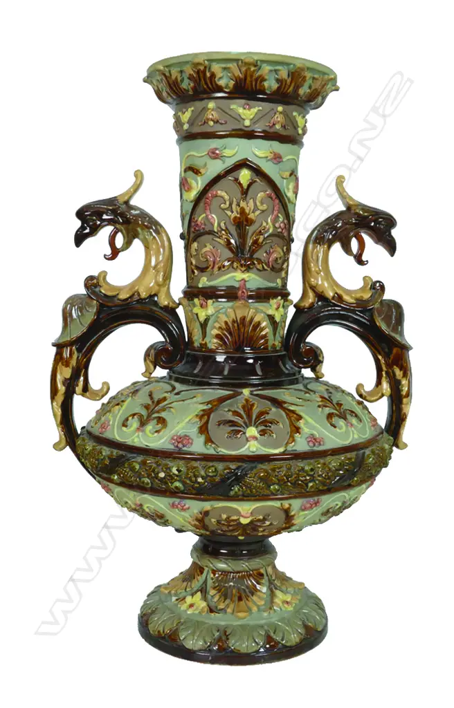 An impressive pair of late 19thC majolica vases by Wilhelm Schiller & Sons Image 1++