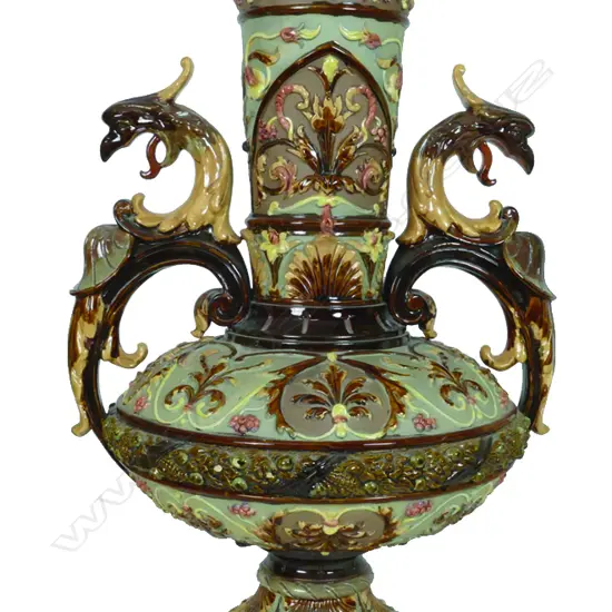 An impressive pair of late 19thC majolica vases by Wilhelm Schiller & Sons