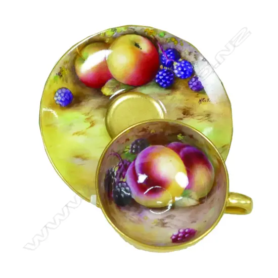 An Edwardian period Royal Worcester small hand painted cabinet cup and saucer